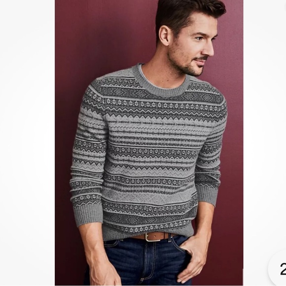 Garnet Hill Mens Sweater Pullover ExtraFine Merino Wool Gray Large Fair Isle - Picture 1 of 8